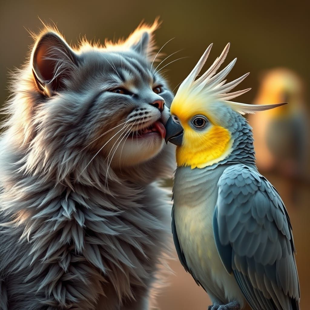 Cat and Cockatiel Friendship in Golden Hour Light