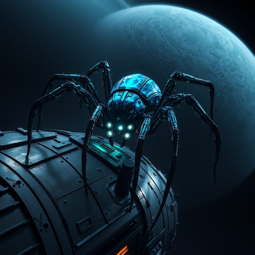 Iridescent Space Spider on Spaceship Near Europa