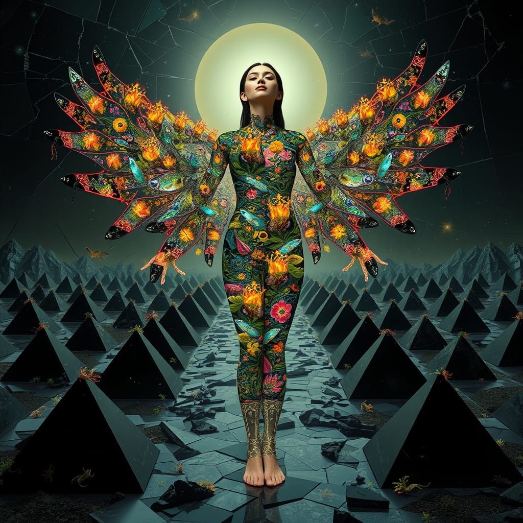 Surreal Eco-Woman in Bio-Art Collage with Glowing Creatures