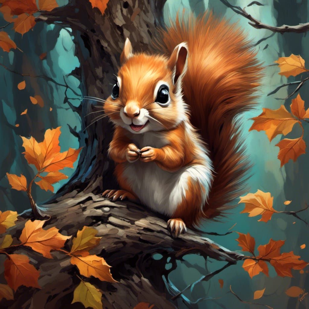 Adorable Squirrel Eating Acorn: 3D Digital Art