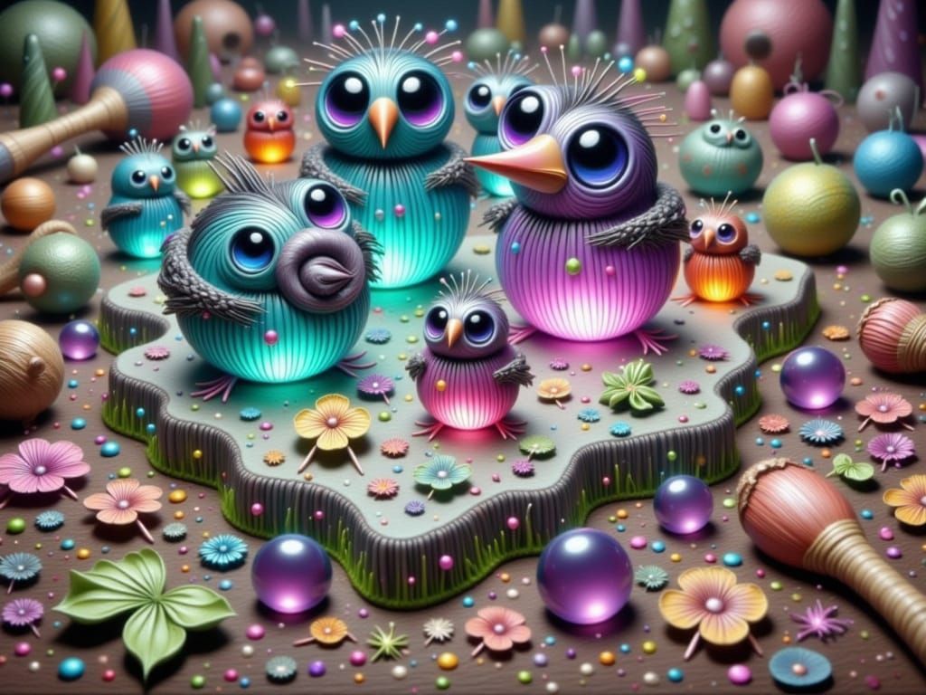 Surreal Birds Embroidered with Whimsical Threads and Patches