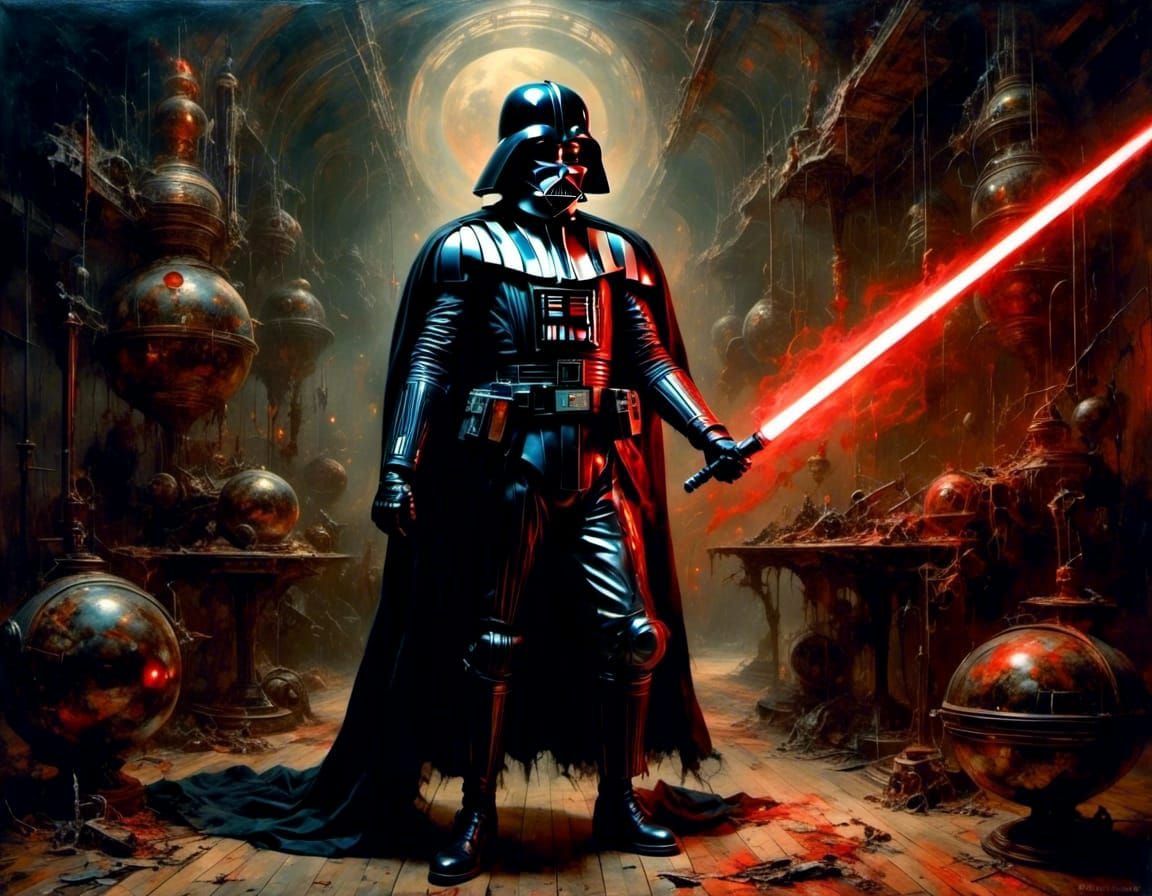 Darth Vader in Retrofuturistic Bunker: Baroque Oil Painting