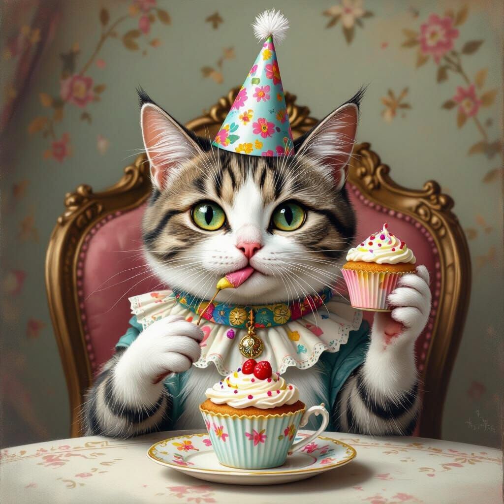 Whimsical Cat Celebrates with Cupcake in Beatrix Potter Styl...