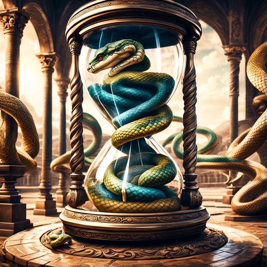 Hourglass and Serpent: Hyperrealistic Still Life