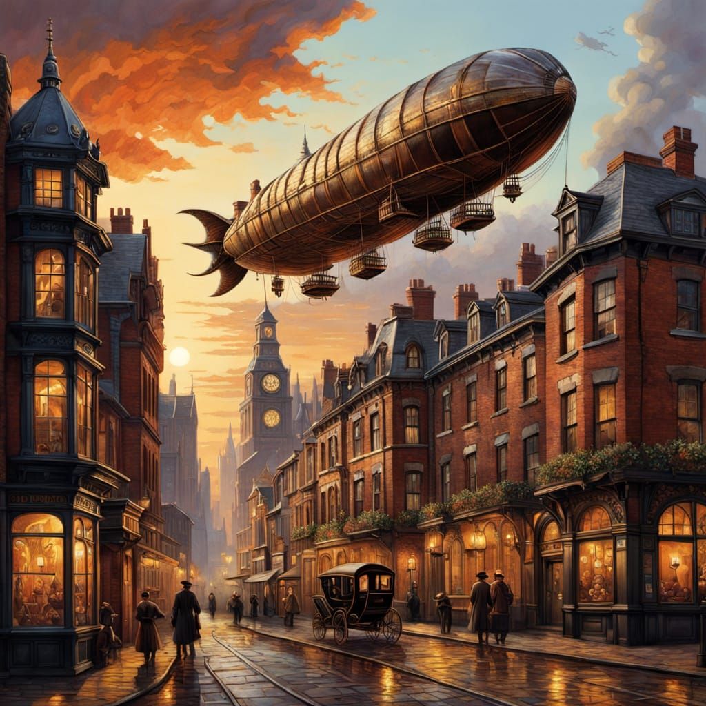 Steampunk Airship Soaring Over Victorian City at Sunset