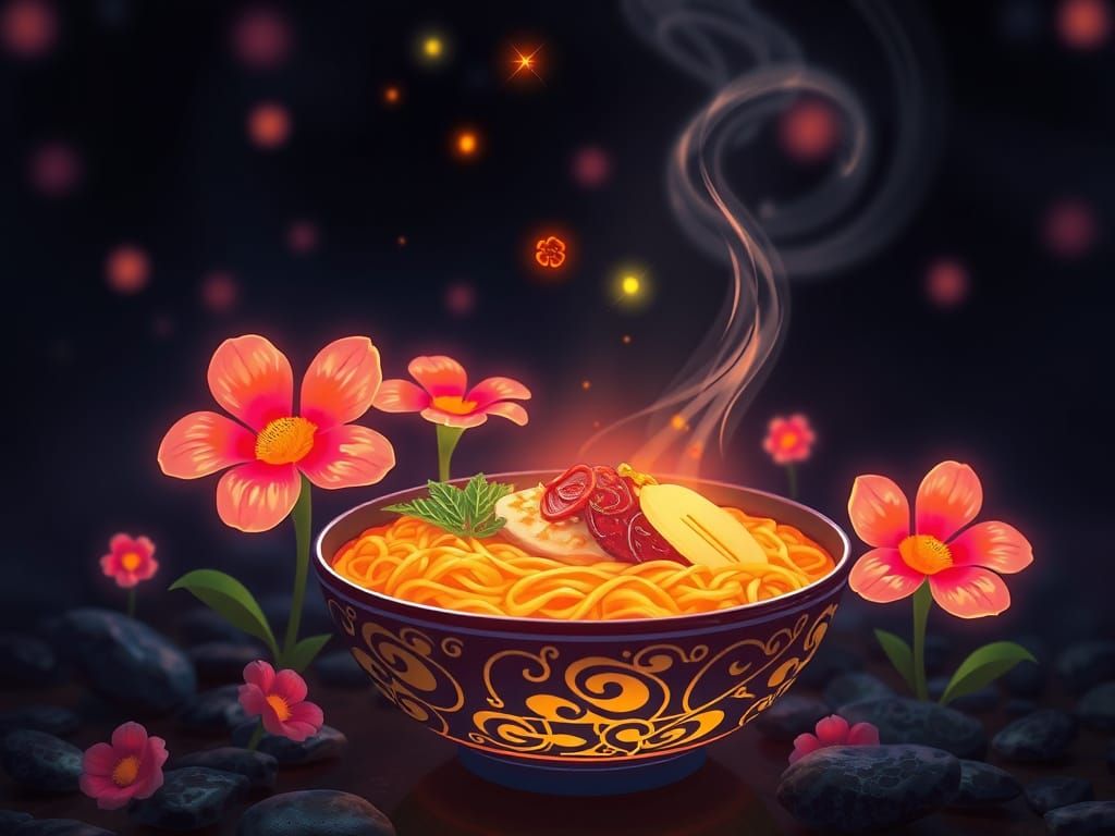 Vibrant Steampunk Flower Ramen in a Whimsical Japanese Wonde...