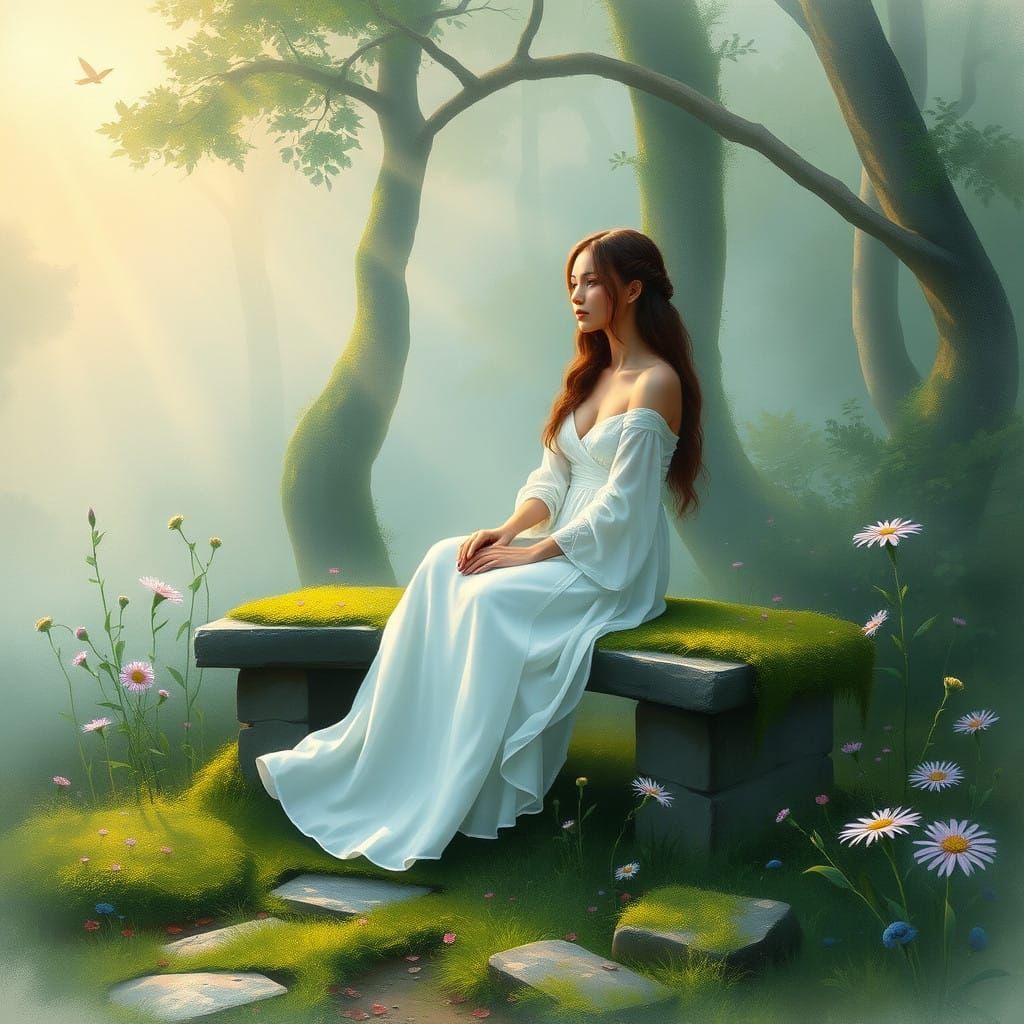 Peaceful Woman in Enchanted Forest Glade