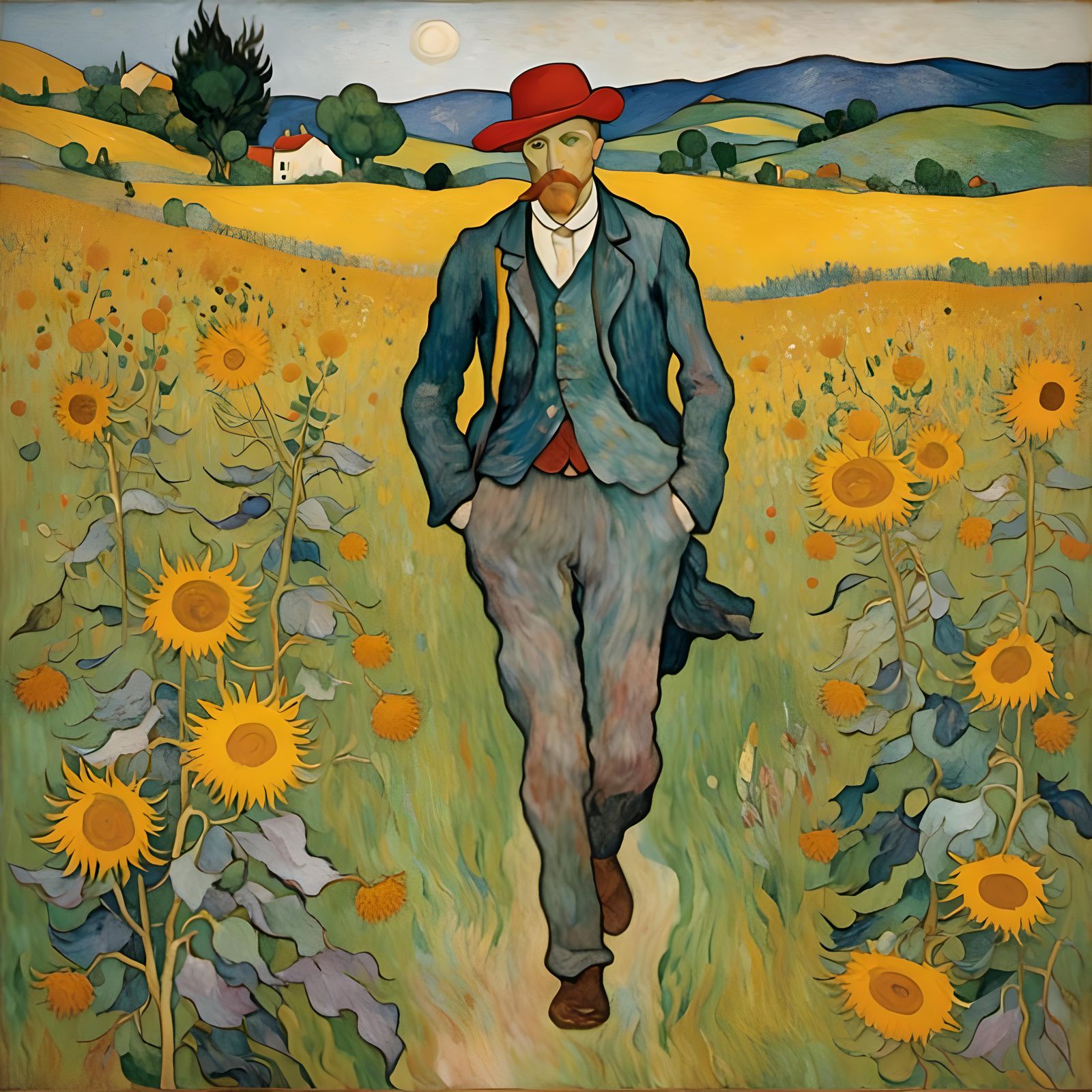 Van Gogh Amongst Sunflowers: Oil Painting