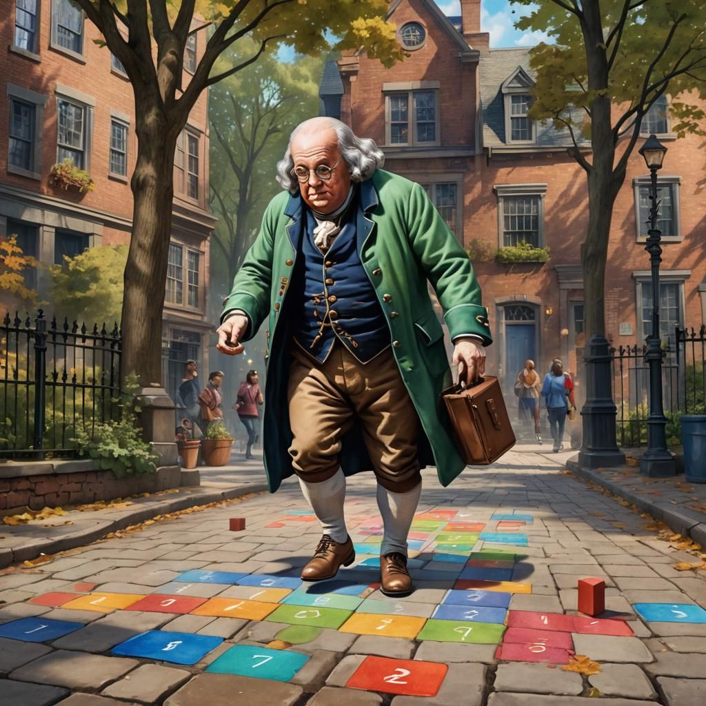 Benjamin Franklin Plays Hopscotch in Watercolor