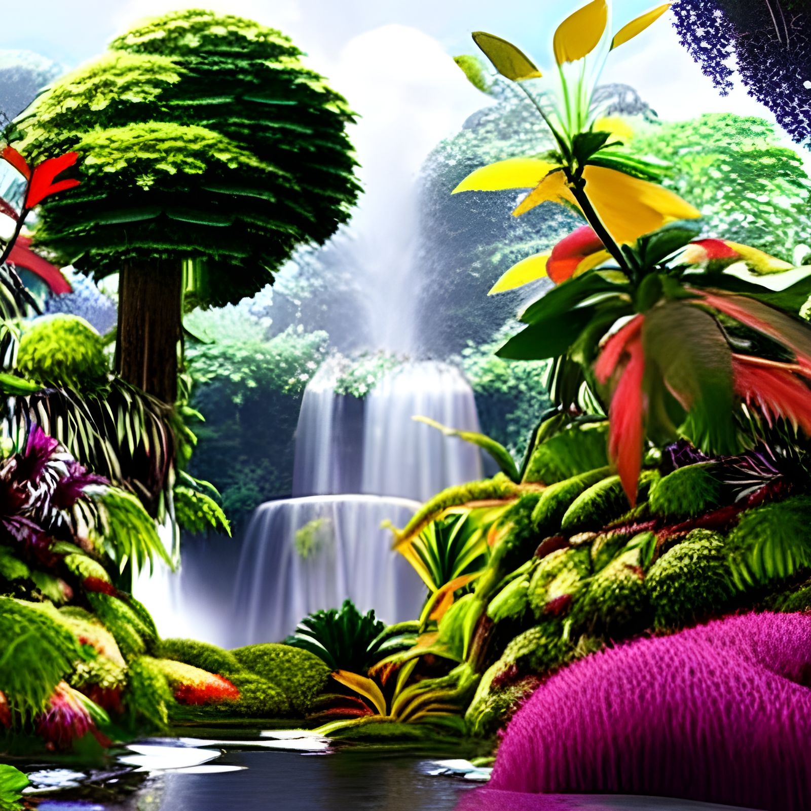 Lush Botanic Garden with Exotic Flora and Fauna