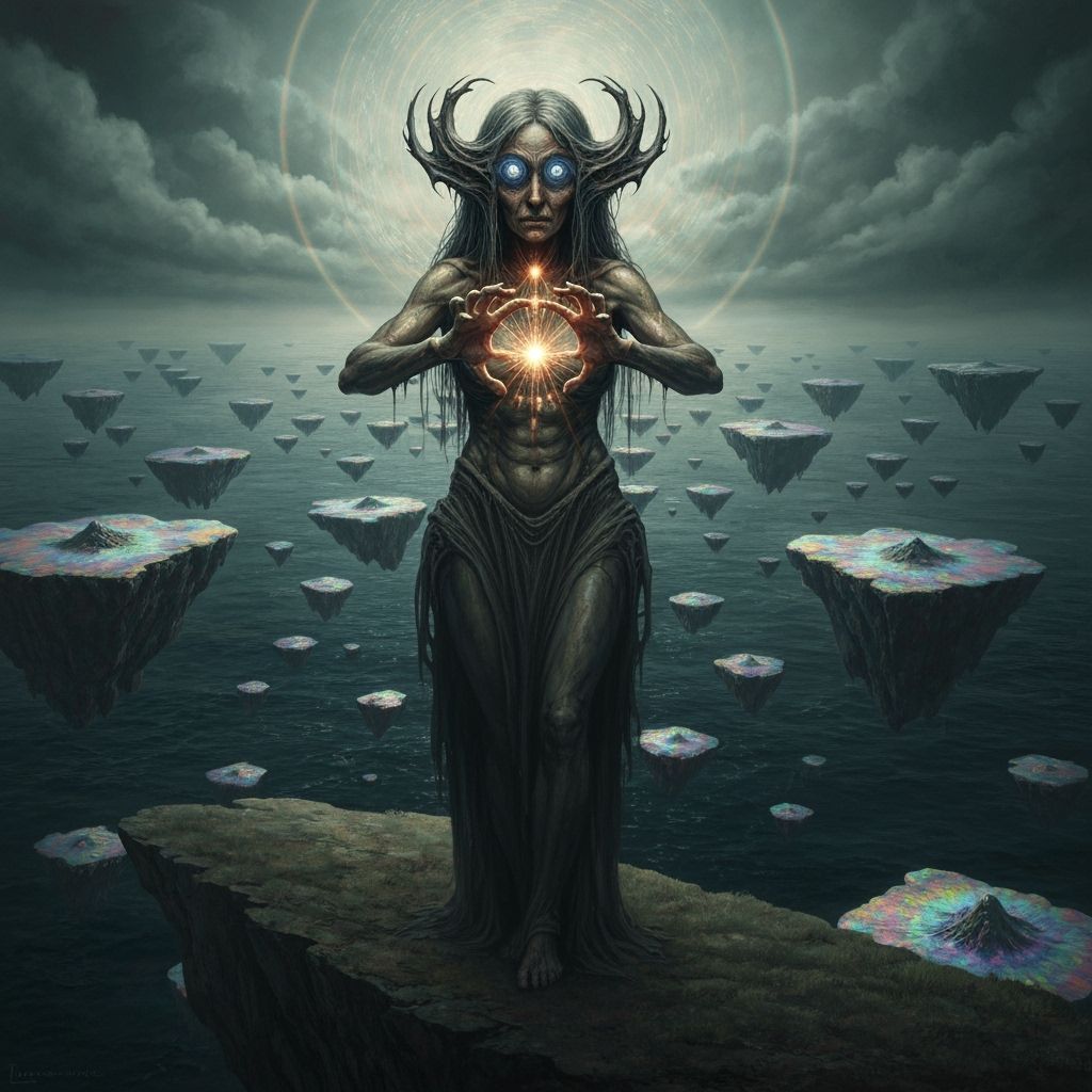 Ancient Sorceress Weaving Light on Floating Islands