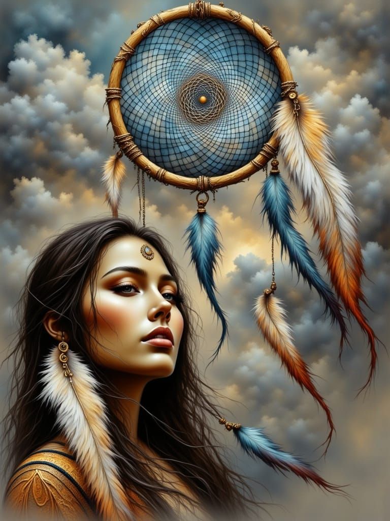 Naïve Woman's Face in Whimsical Dreamcatcher Portrait