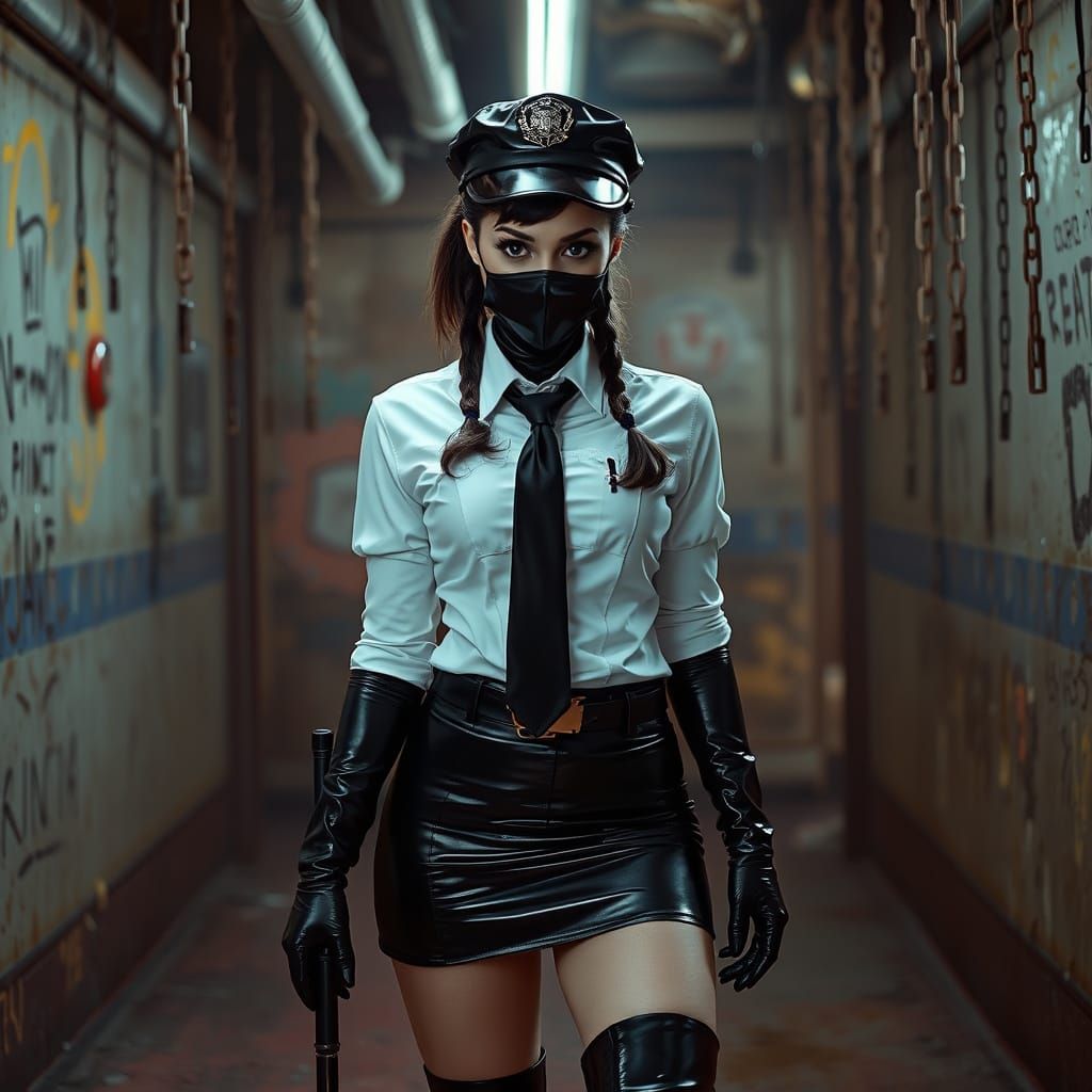 Cyberpunk Cop Girl in Dark, Atmospheric Underworld Scene