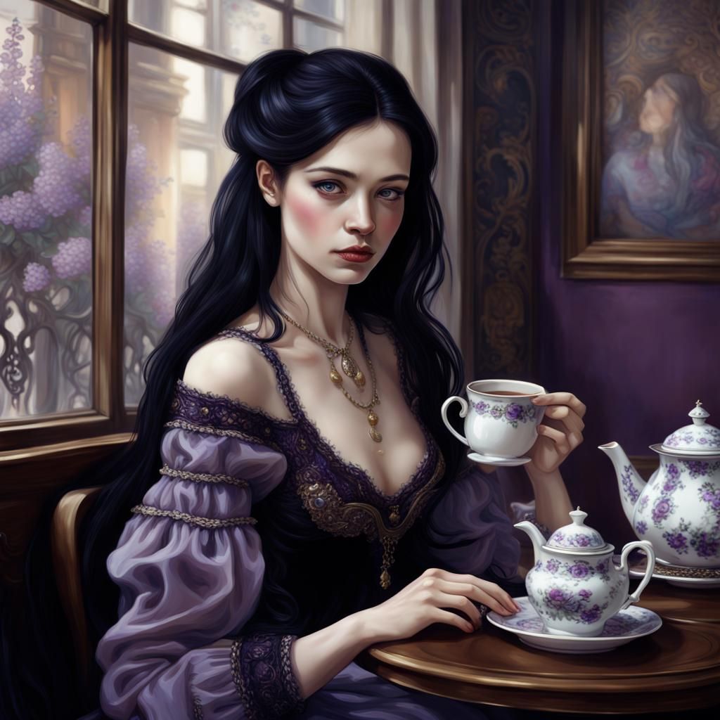 Elegant Woman Drinking Tea in Cafe, Digital Art