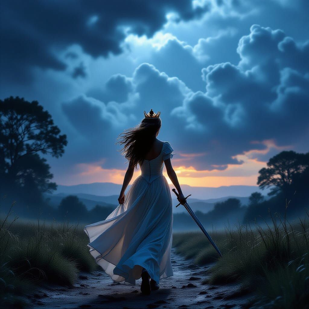 Princess Faces Approaching Storm with Sword in Epic Fantasy ...