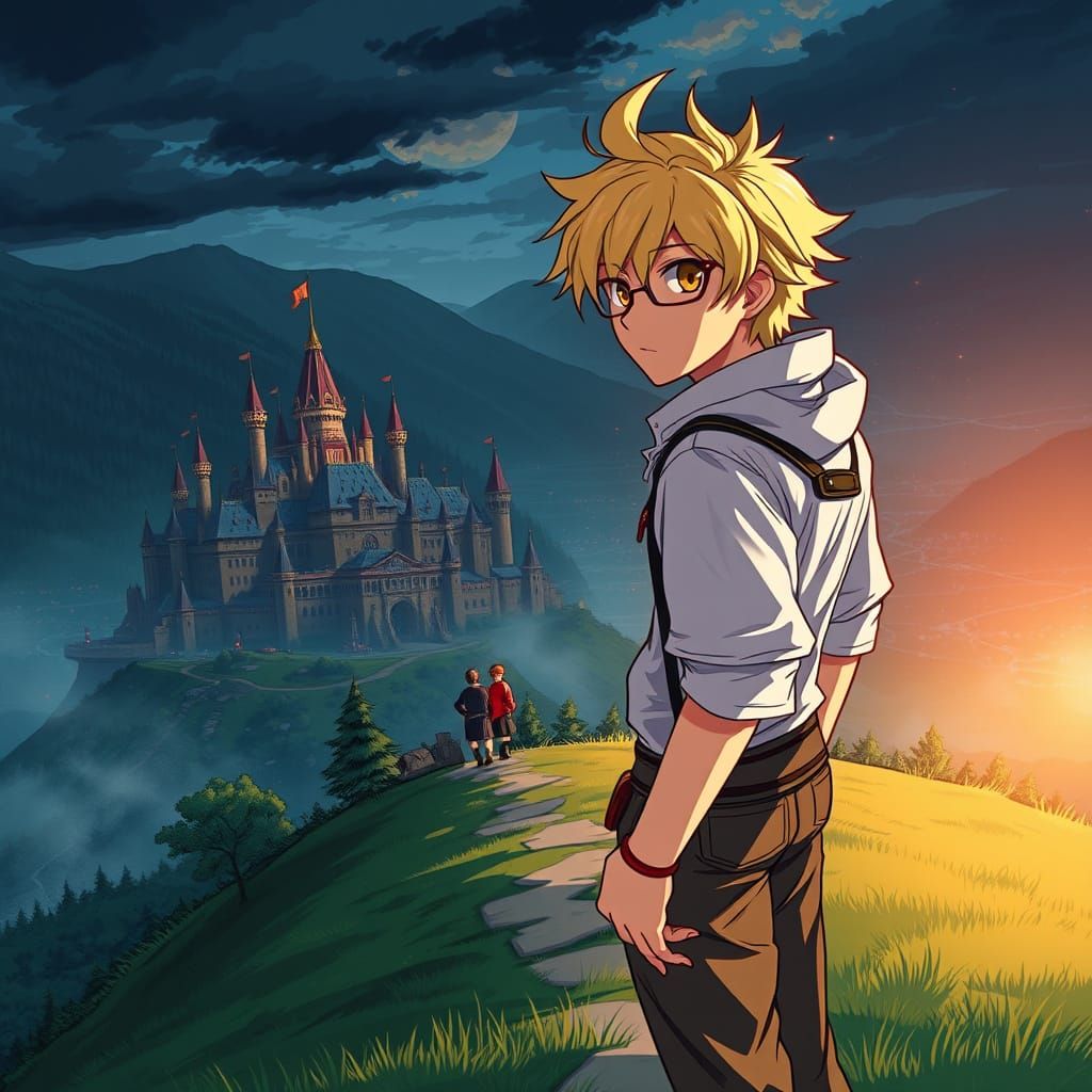 Young Adventurer Surveys Medieval Fantasy Realm in Vibrant M...