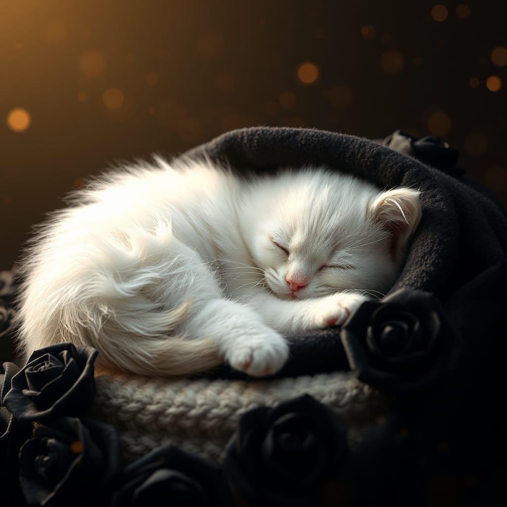 Sleeping Kitten in Black Roses, Dreamy Matte Painting