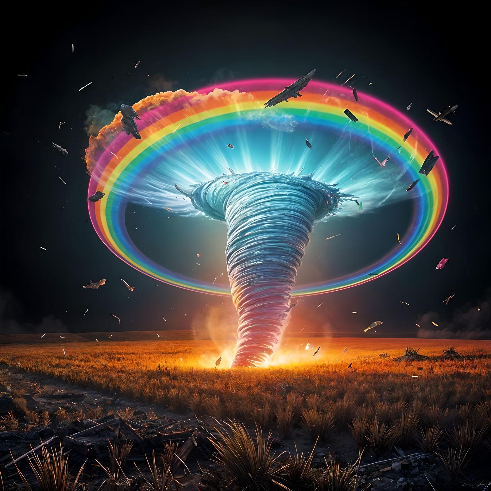 Rainbow Tornado Devastates Kansas Farm: Cosmic Illustration
