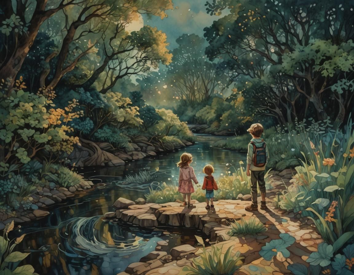 Children by Riverbank in Whimsical Watercolor Style