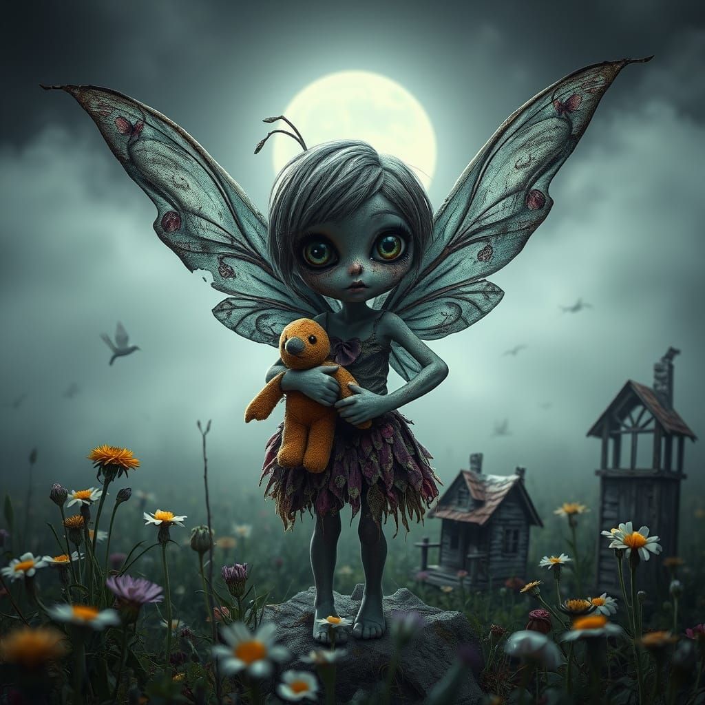 Ethereal Zombie Fairy with Dark Eyes and Tattered Wings
