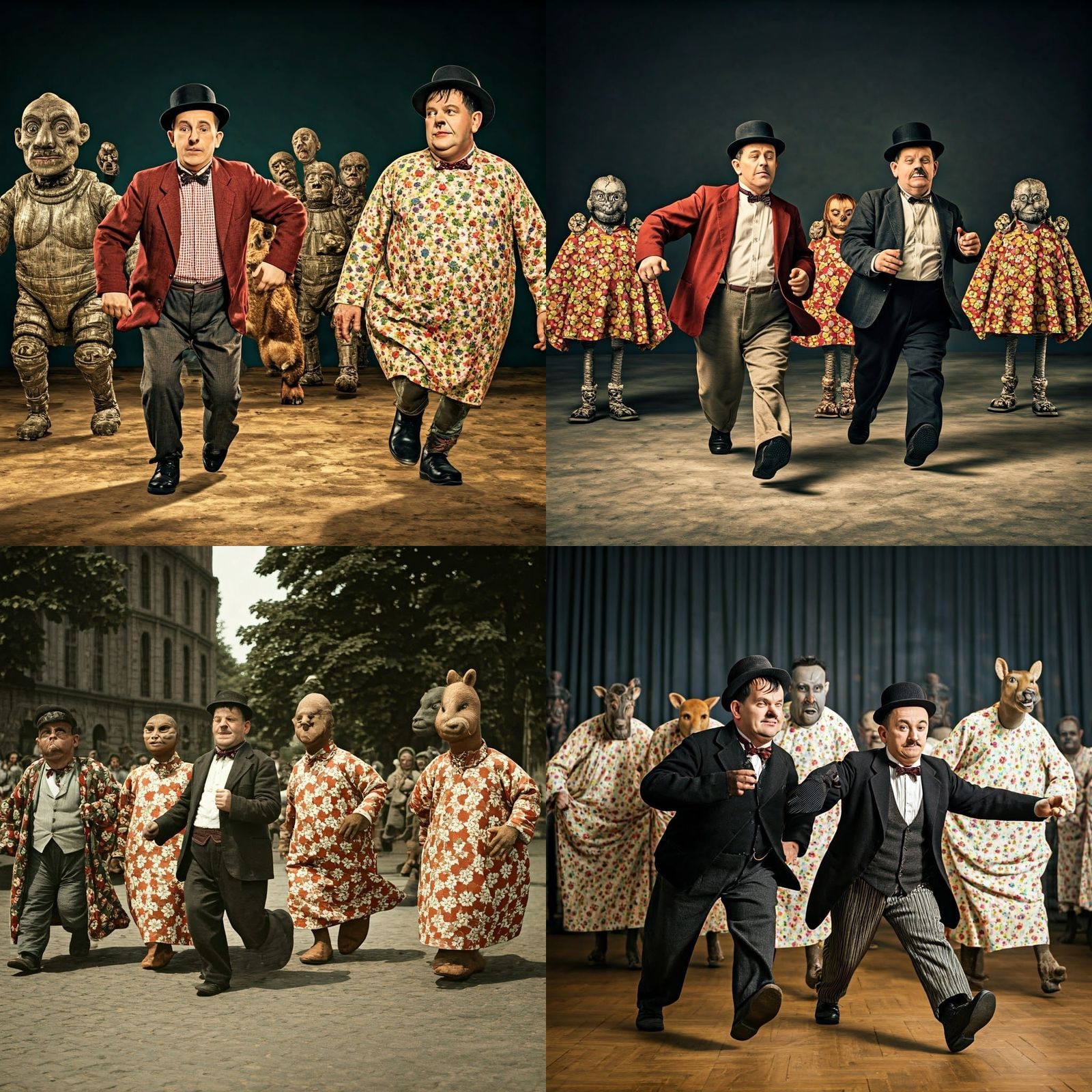 Comedic Duo Fleeing Futuristic Menace in Whimsical Florals