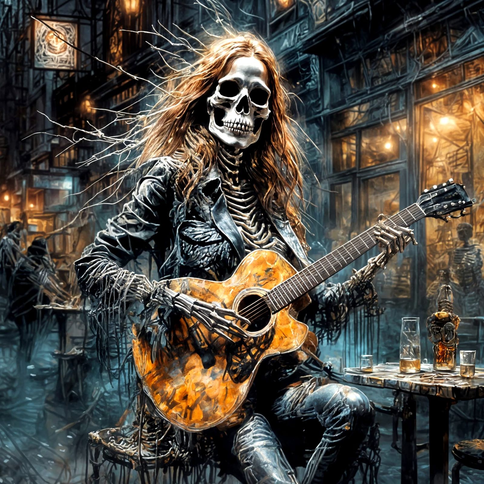 Skeleton Janis Joplin Playing Guitar in Surreal Splash Art S...