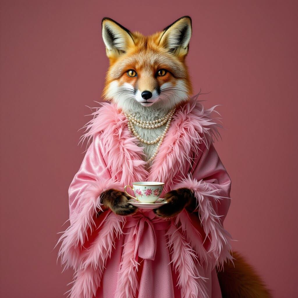 Elegant Fox in Pink Studio with Feathered Robe