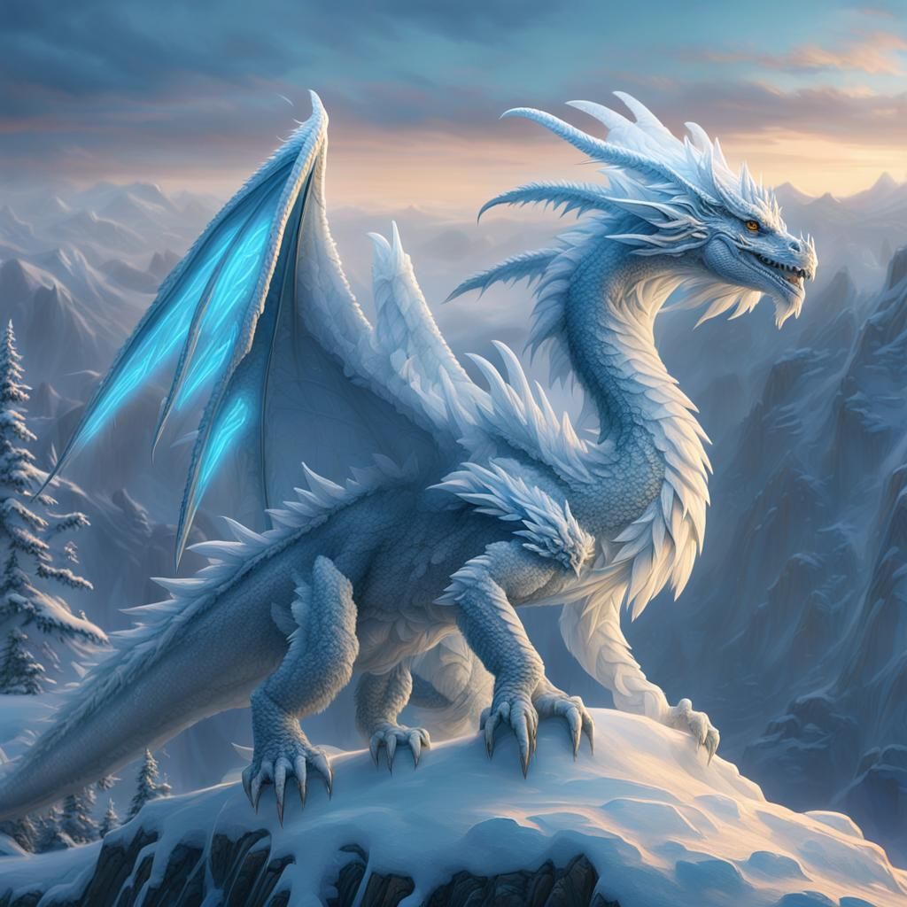 Feathered Snow Dragon on Icy Cliff