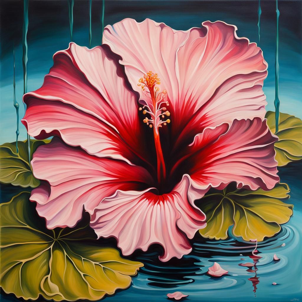 Surreal Hibiscus Flower in Pond, Oil on Canvas