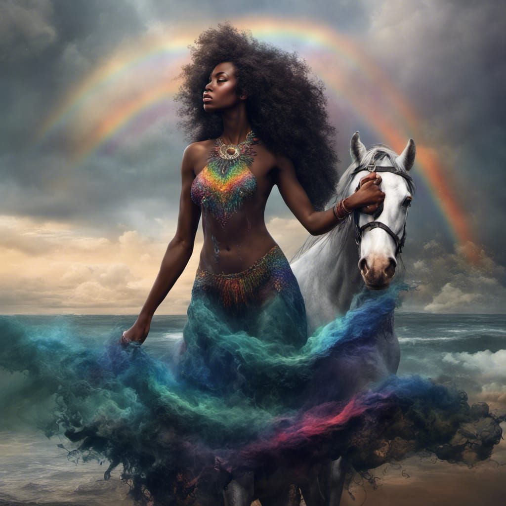 Iconic Black Girl Surrounded by Rainbow on Beach with White Stallion