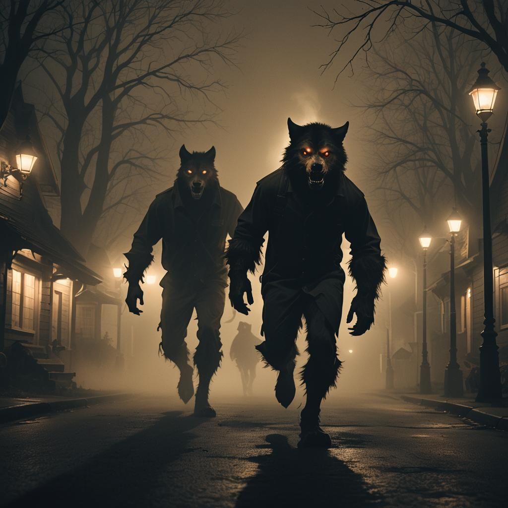 Werewolf Prowls Foggy Town in Gothic Horror Style