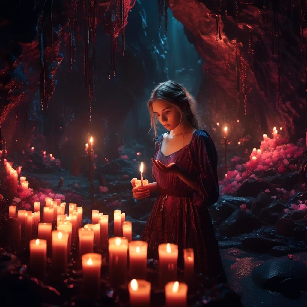 Scared Girl with Candle in Dark Cave
