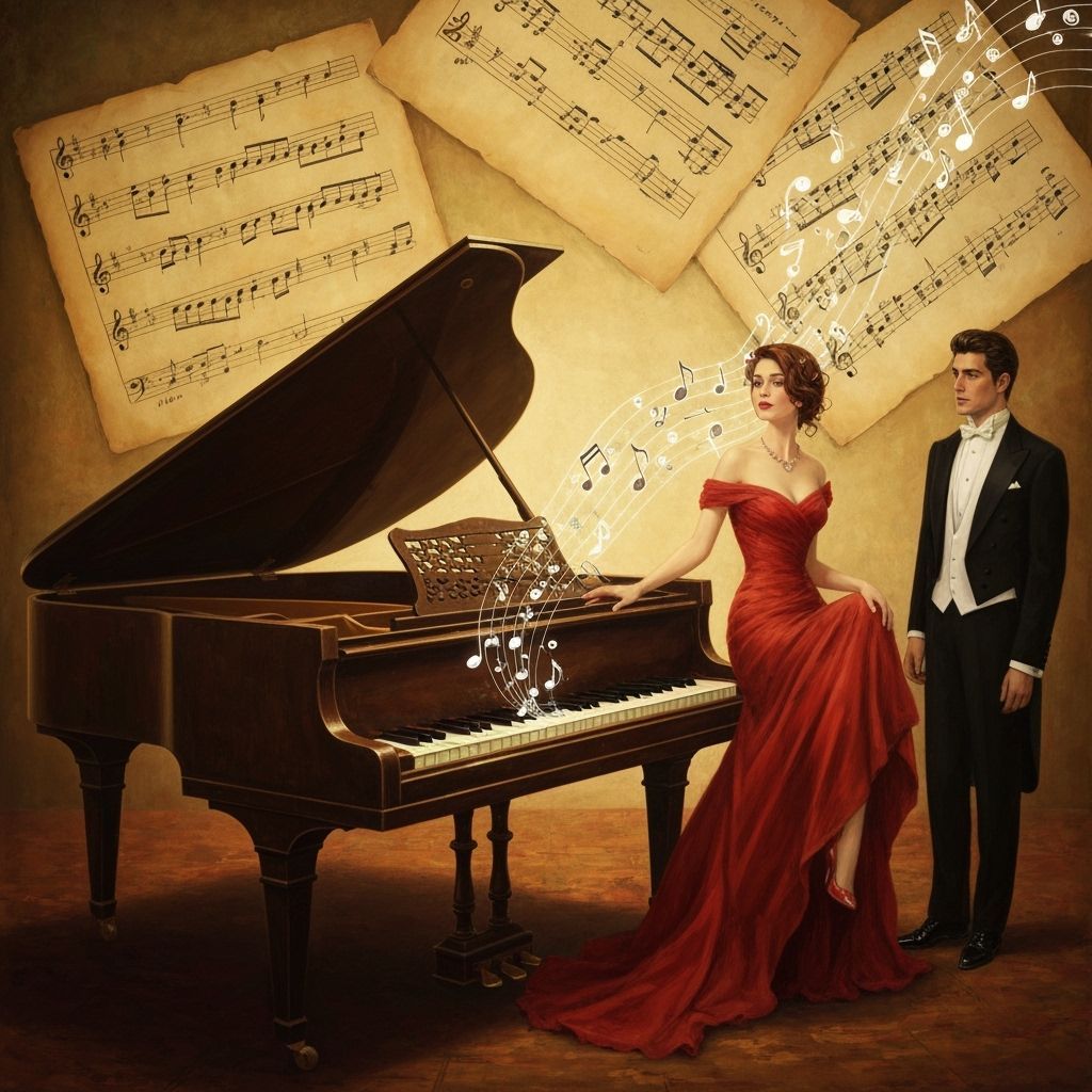 Romantic Piano Scene with Couple in Red Dress and Tuxedo