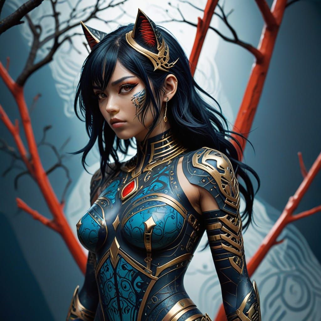 Stylized Anime Warrior in Tribal Armor