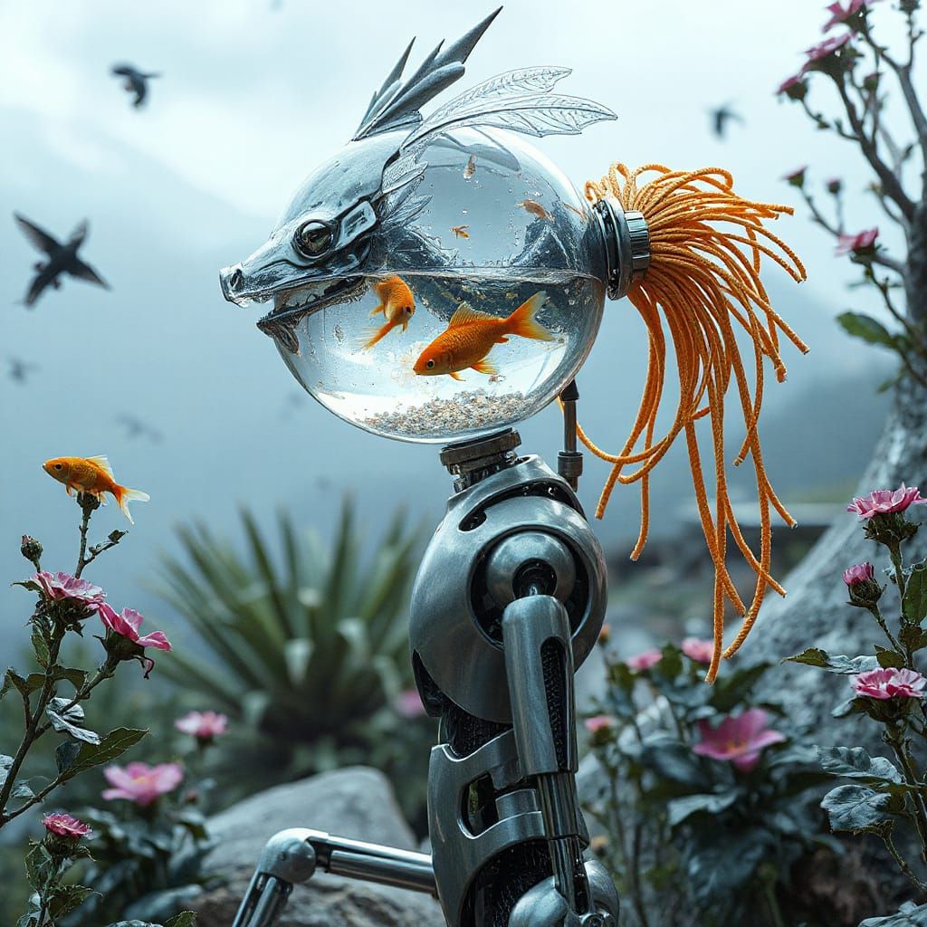 Futuristic Robot with Aquatic Dragon Glass Head in Ethereal ...