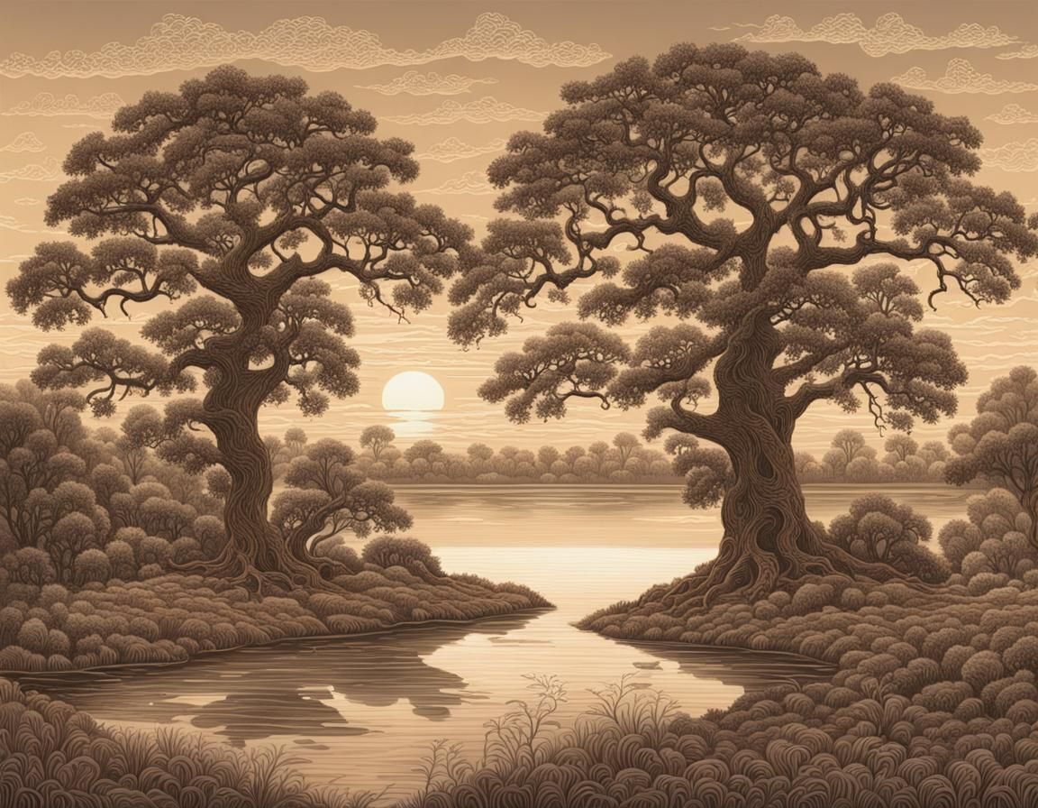 Dusk Landscape with Lake and Oak Trees