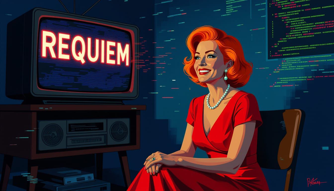 Elderly Woman Watching TV in Dystopian Neon Noir Style