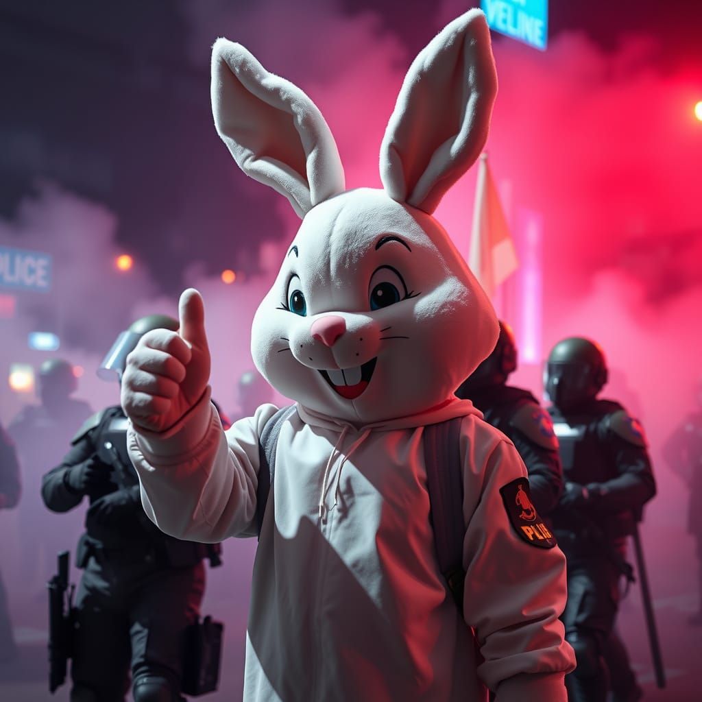 Protester in Rabbit Costume Gives Thumbs-Up Amid Police Ligh...