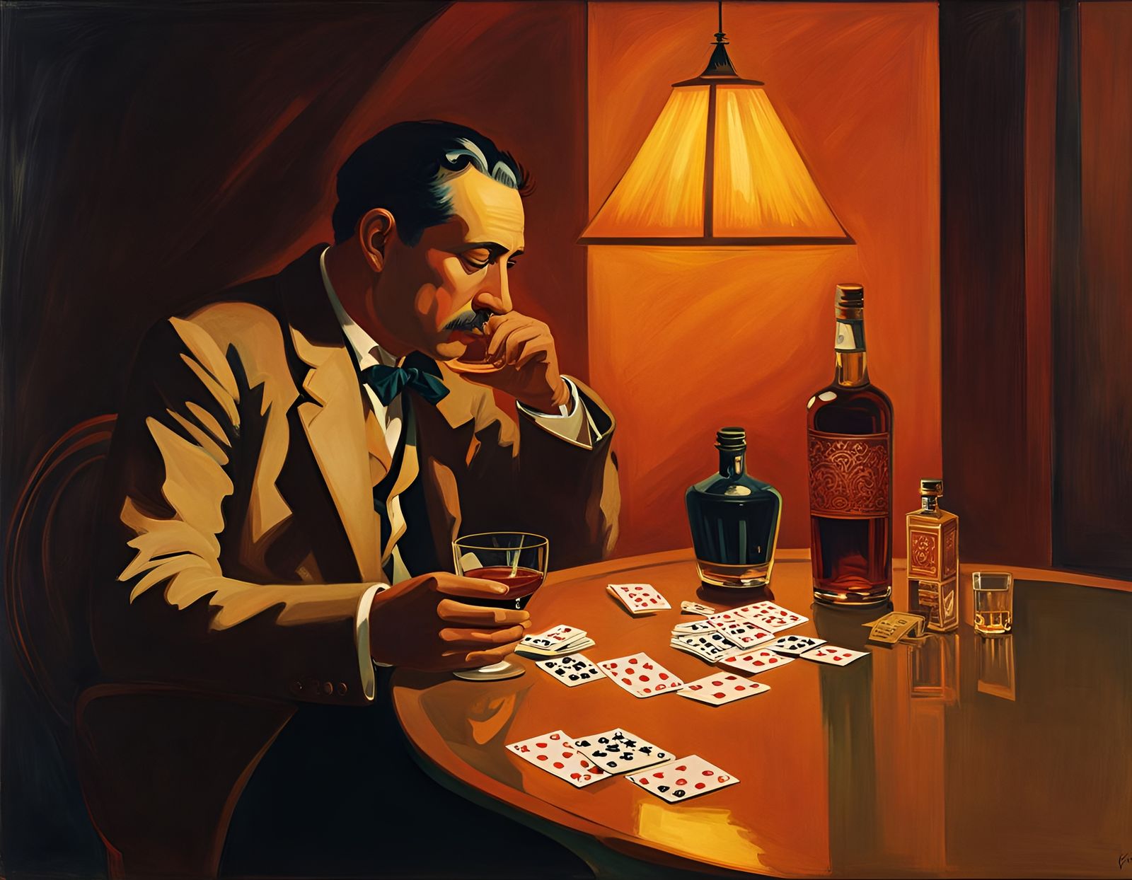 Solitary Man Playing Solitaire in Lyrical Abstraction Style