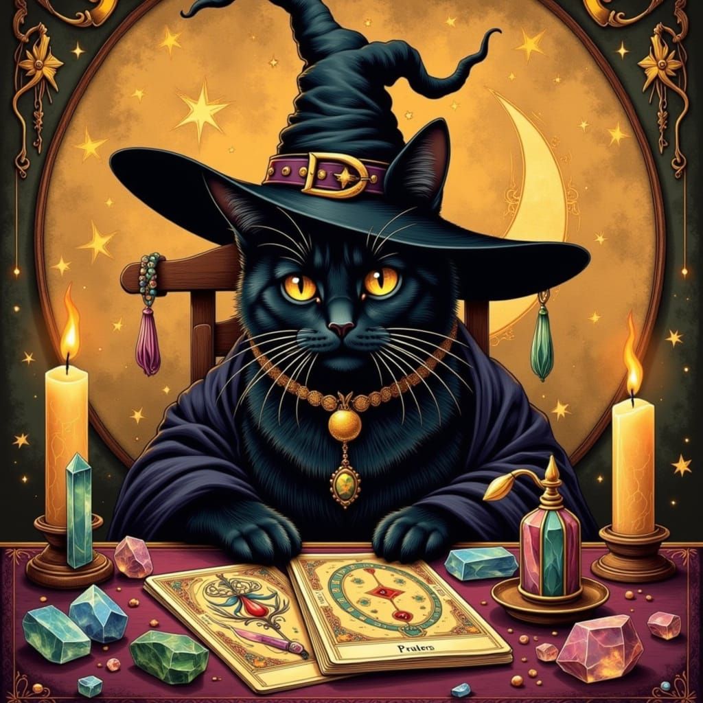 Black Cat Witch with Tarot and Candles