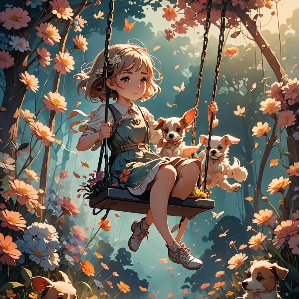 Girl on Flower Swing: Manga Anime Style