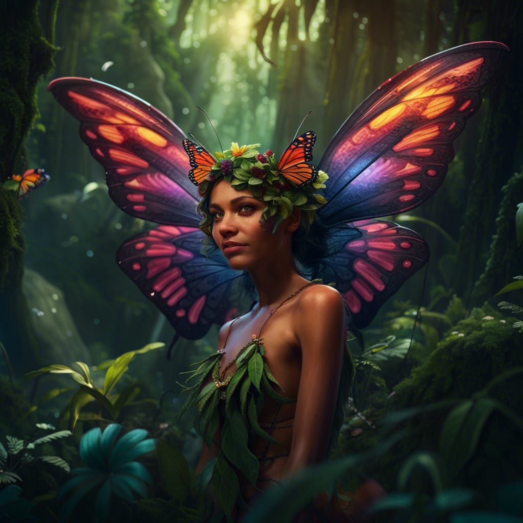 Detailed Fairy with Butterfly Wings in Jungle