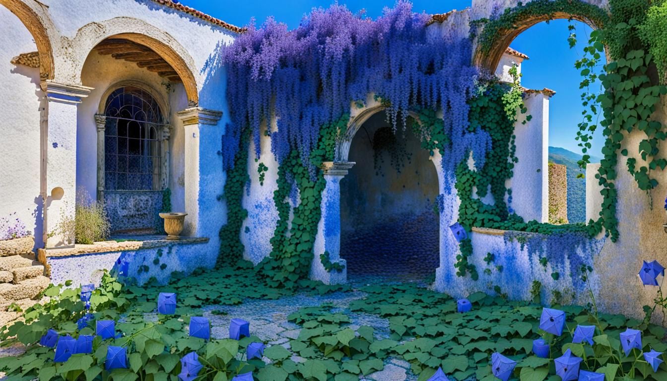 Abandoned Spanish Courtyard Well with Campanula Flowers