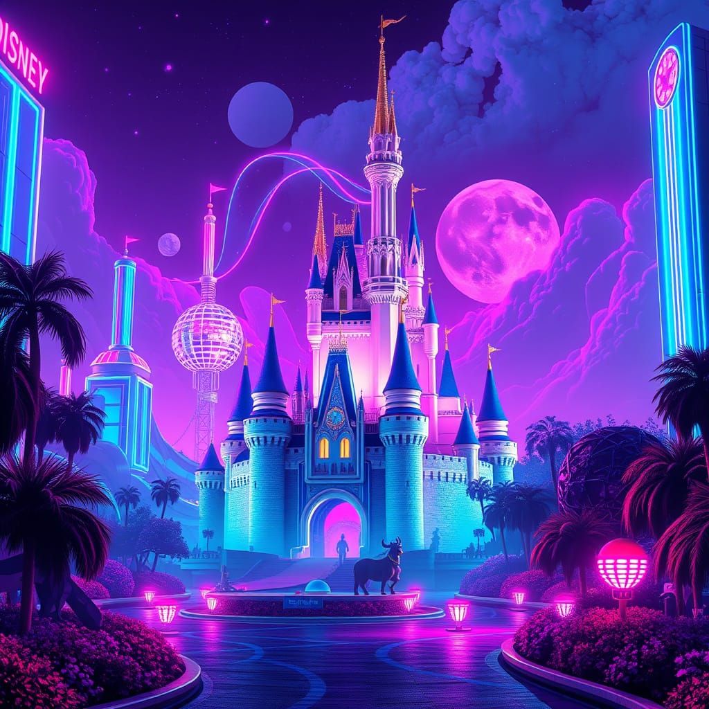 Disney Castle in Synthwave Cyberpunk Landscape
