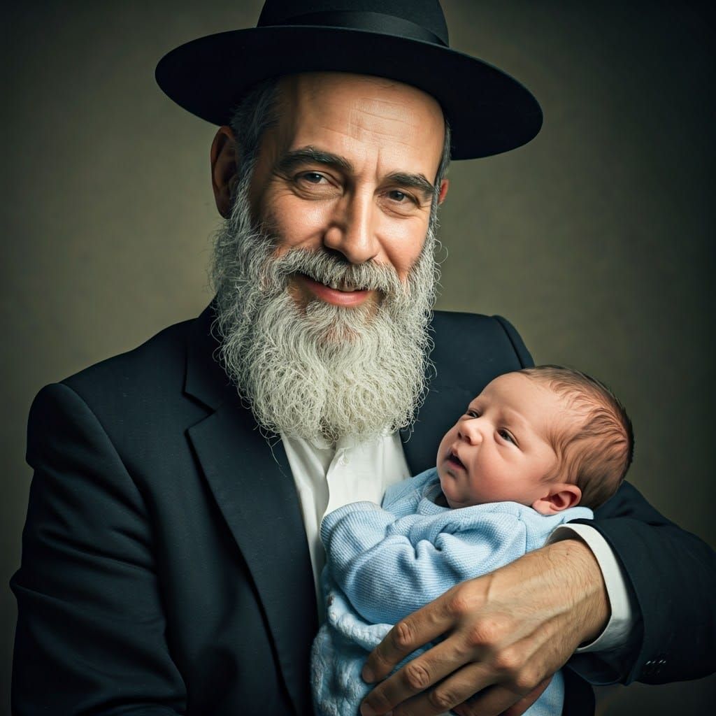 Hasidic Father and Newborn Son in Retro Photo