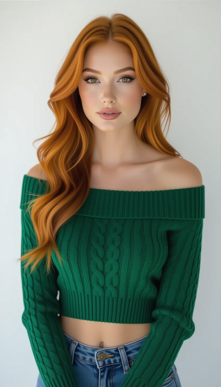 Ginger Woman in Green Sweater, Studio Portrait