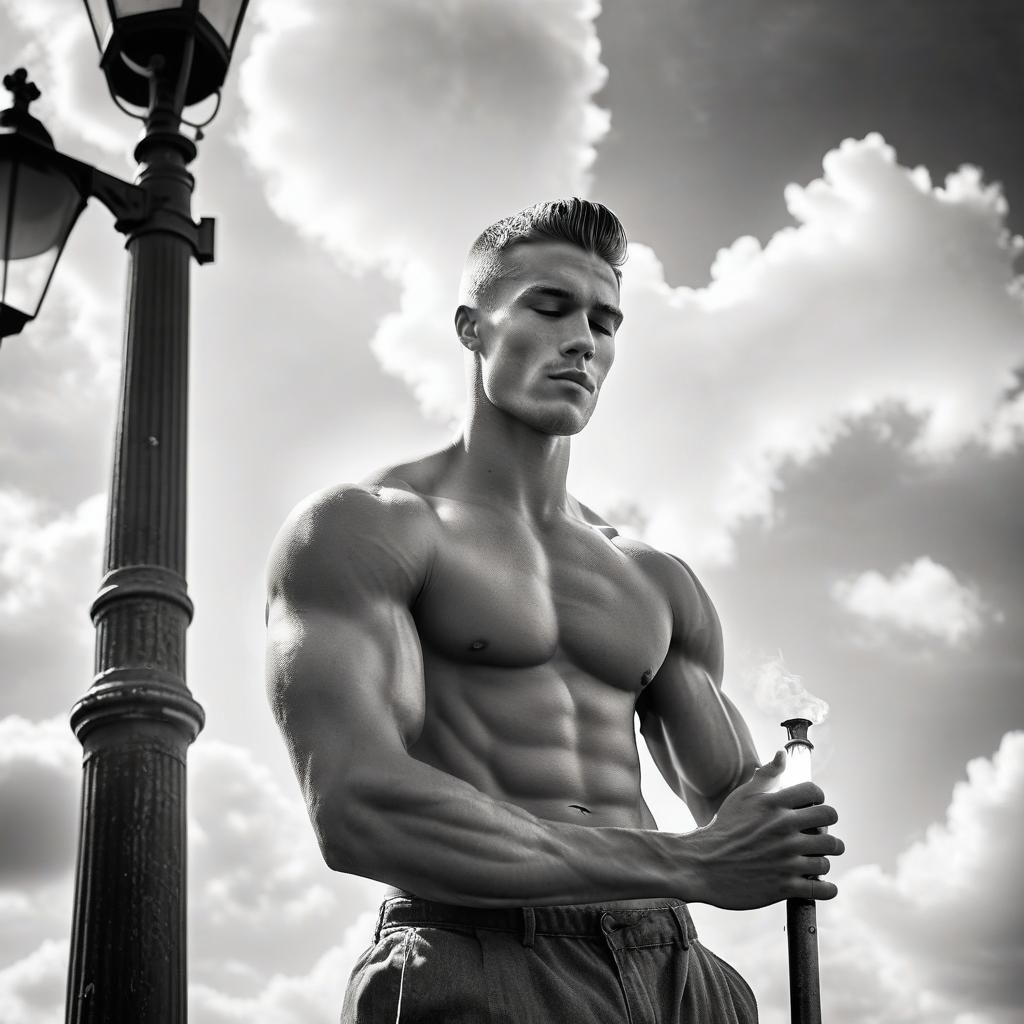 Vintage Photo of Shirtless Man Leaning on Lamp Post