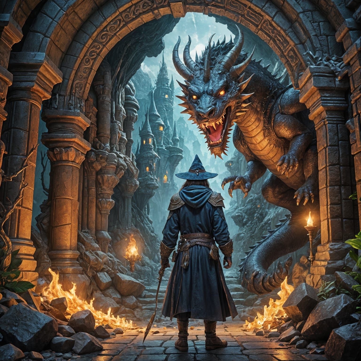 Wizard Finds Dragon Treasure Hoard in Fantasy Concept Art