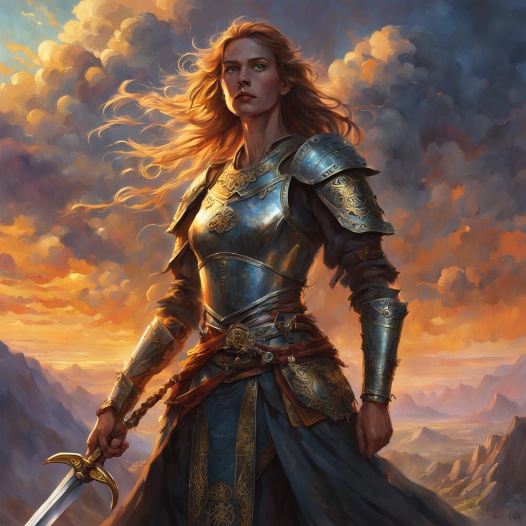 Epic Celtic Warrior in Golden Armor with Sword and Majestic...