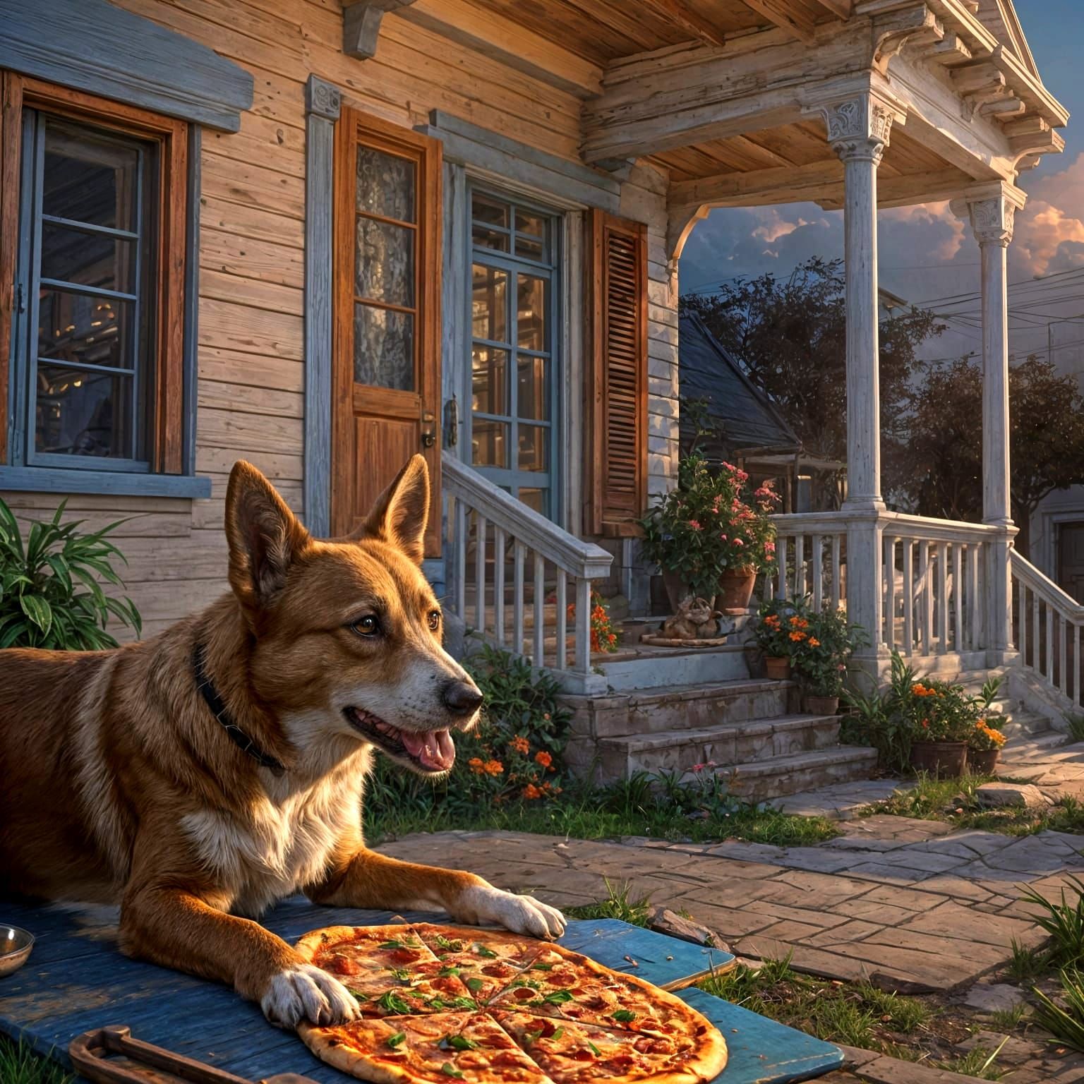 Dog Eating Pizza in Yard: Detailed Matte Painting